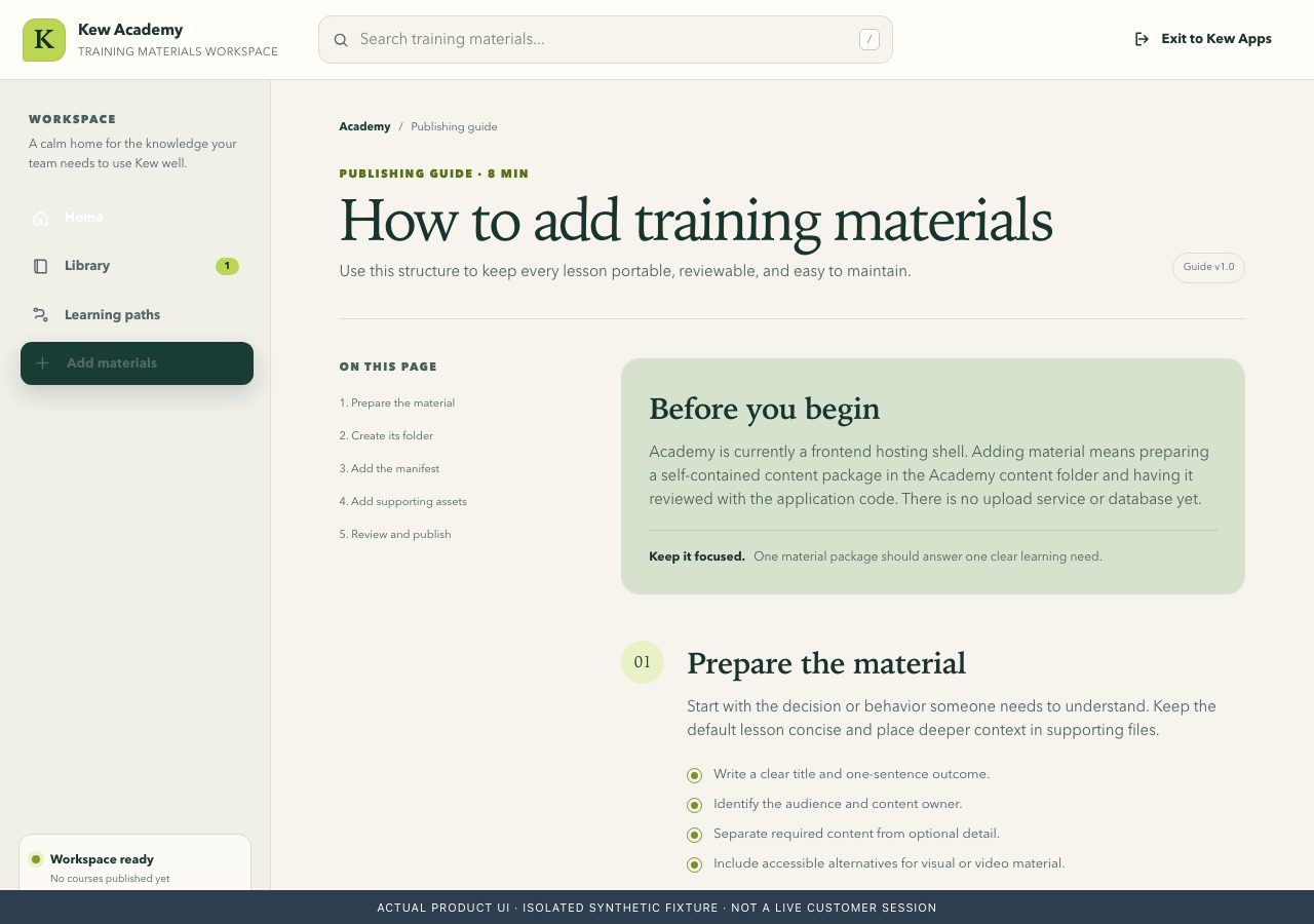 Kew Academy native interface captured with isolated synthetic fixture data.