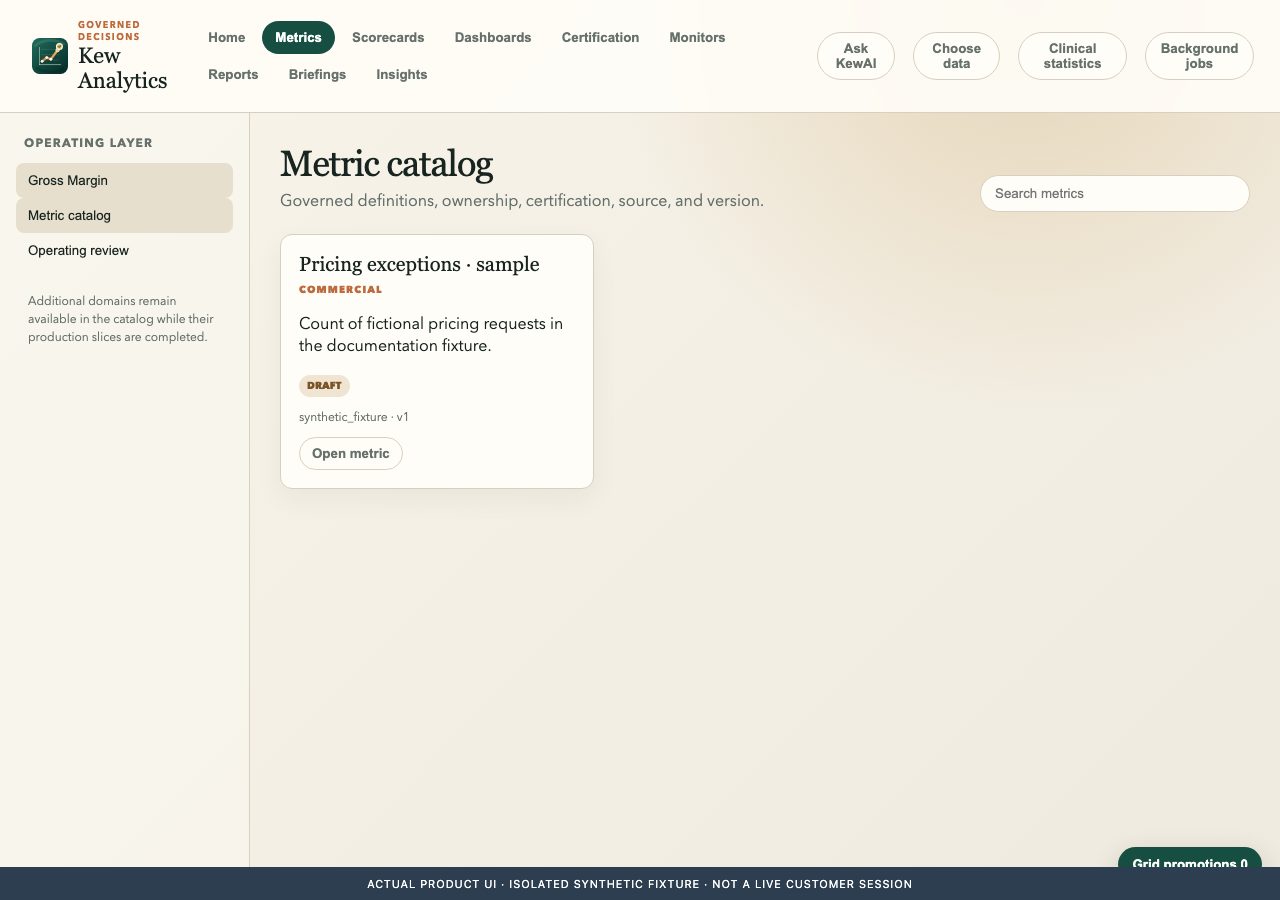 Kew Analytics native interface captured with isolated synthetic fixture data.