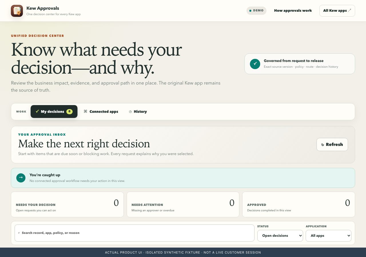 Kew Approvals native interface captured with isolated synthetic fixture data.