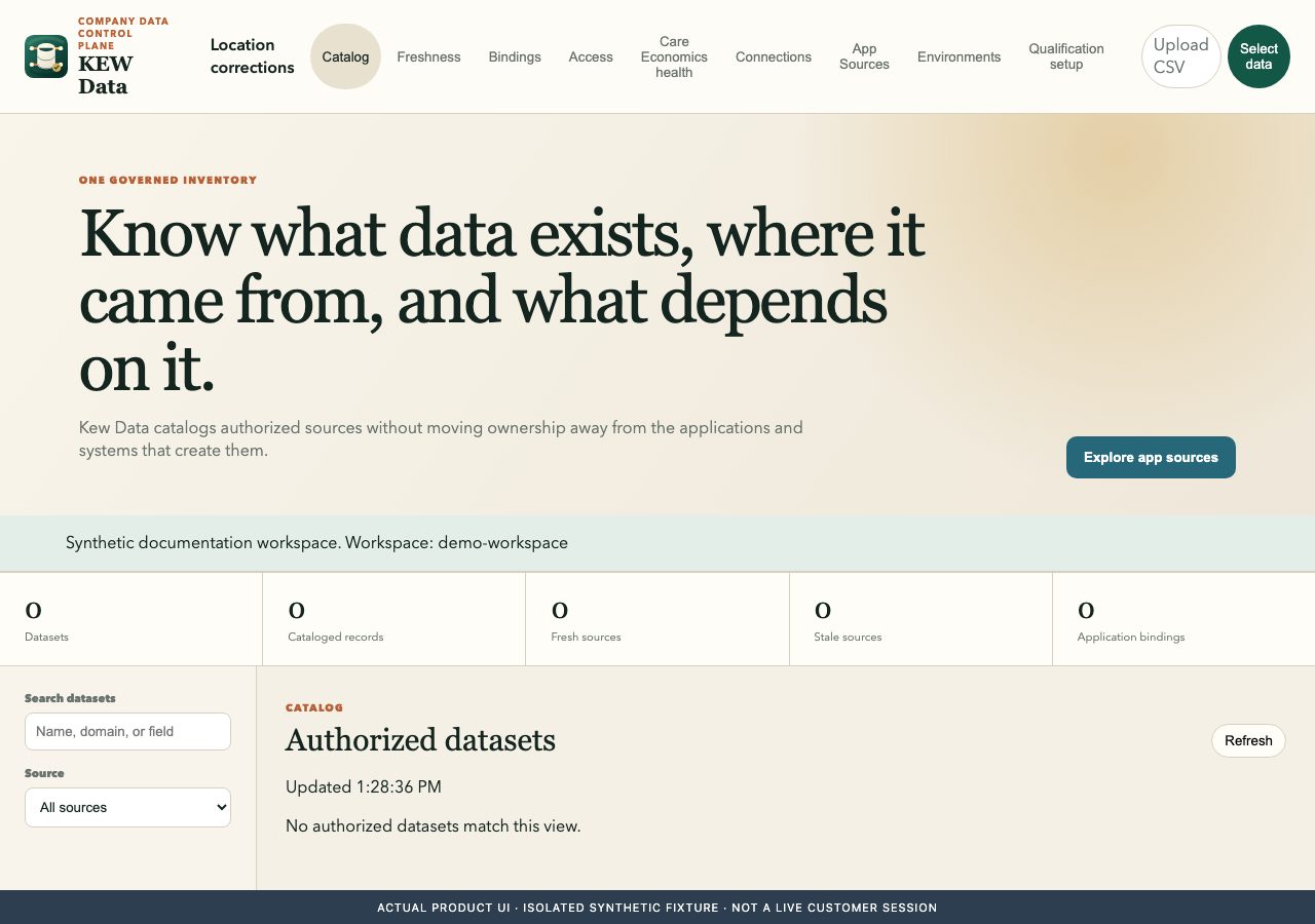 Kew Data native interface captured with isolated synthetic fixture data.