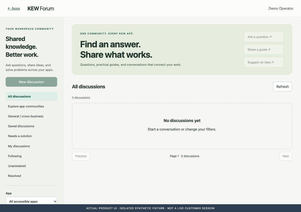 Kew Forum native interface captured with isolated synthetic fixture data.